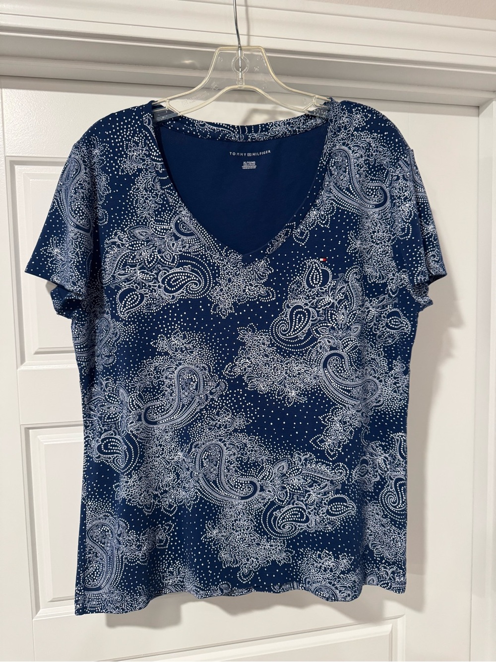 Tommy Hilfiger Navy V-Neck Paisley Print Tee with White Pattern